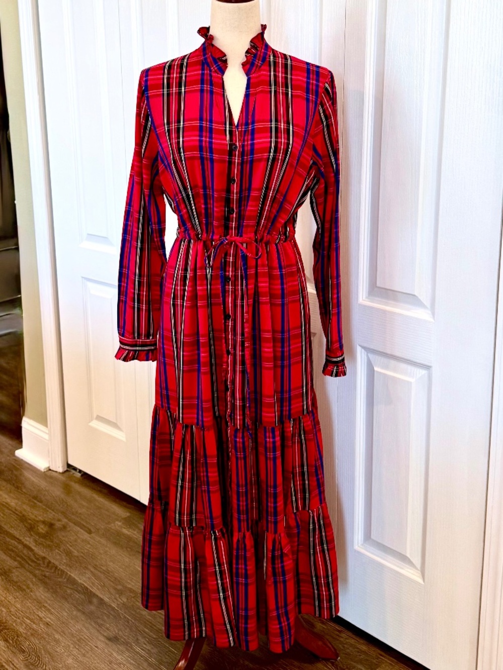 Woman's CHAPS Maxi Dress Holiday Victorian Vibe Red Tartan Plaid Tiered Size Med - Picture 3 of 7